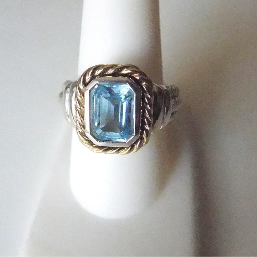 Bezel set blue topaz cable design ring with sterling/14k gold